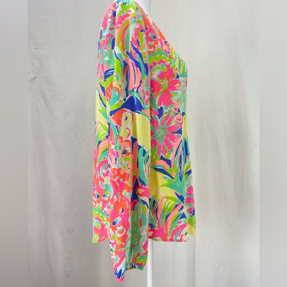 Lilly Pulitzer CASA BANANA Pink Yellow Stacey 100% Silk Blouse Top Floral Large - Picture 5 of 17